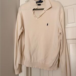 Ralph Lauren Men's V-Neck Polo Sweater in Cream with Navy Pony